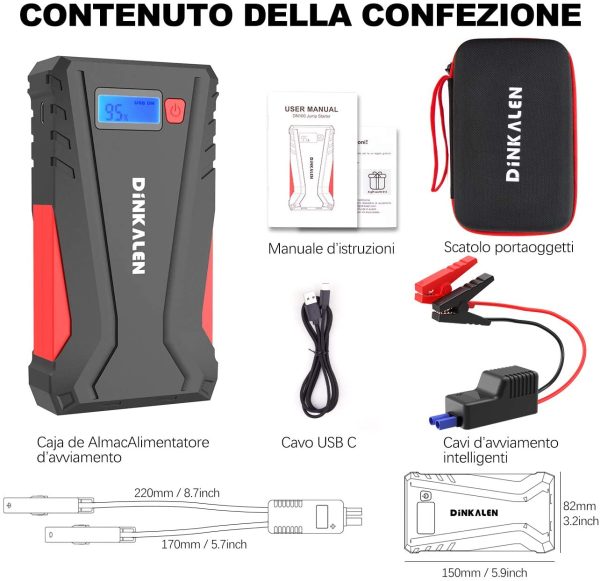 Avviatore Batteria Auto, 800A 12800mAh Portatile Avviatore Emergenza per Auto/Moto (Motori Fino a 6.0L Benzina/5.0L Diesel), Avviatore Auto con QC 3.0 e Tipo C, Torcia a LED, Schermo LCD (N) - immagine 3