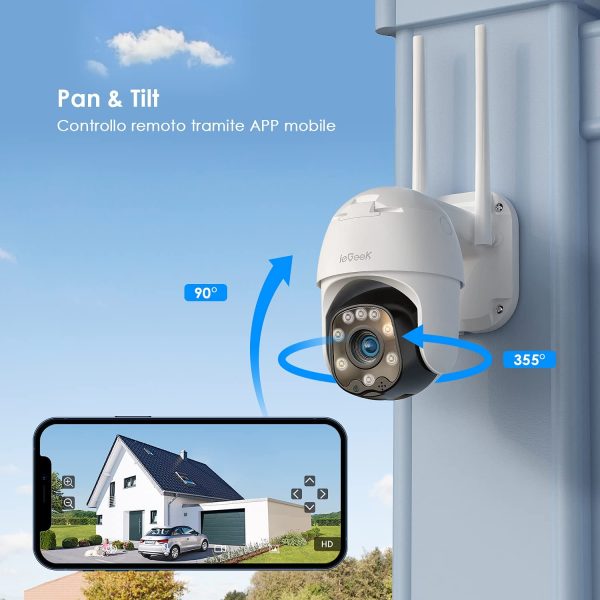 Telecamera Wi-Fi Esterno  360?? PTZ WiFi Videocamera Sorveglianza con 1080P Visione notturna a colori, Tracciamento Automatico, IP66 Impermeabile, Rilevamento del movimento, Audio bidirezionale - immagine 2