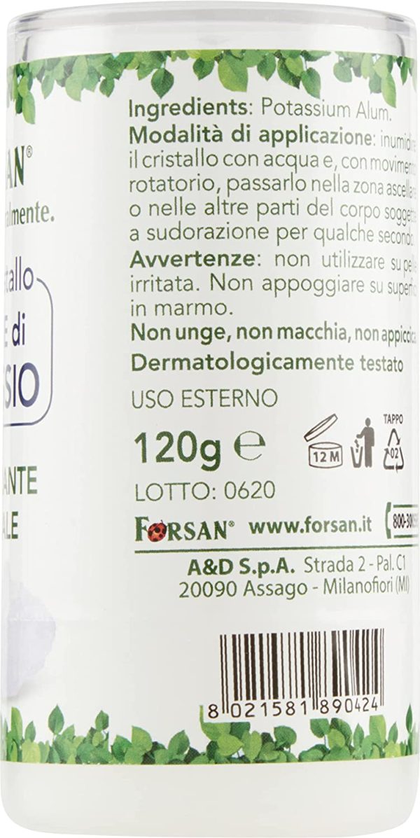 Forsan, Cristallo Allume di Potassio, Deodorante Minerale, Deodorante di Origine Naturale e Senza Profumo, Non Unge e Non Macchia, Previene la Sudorazione e il Cattivo Odore, 120 g