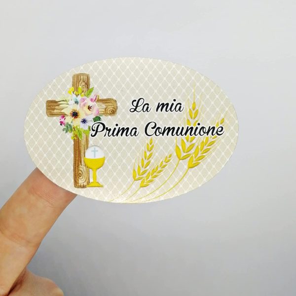 20 pezzi Adesivi Prima Comunione, 48x70 millimetri, etichette chiesa, calice, croce, grazie, festa, ovale, ellisse, oval stickers communion - immagine 2