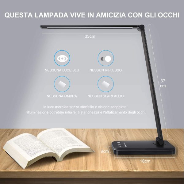 Lampada da Scrivania, lampada da tavolo con funzione di protezione degli occhi, lampada con 10 livelli di luminosit??, 5 modalit?? di illuminazione, tocca controllo, porta di ricarica USB - immagine 6