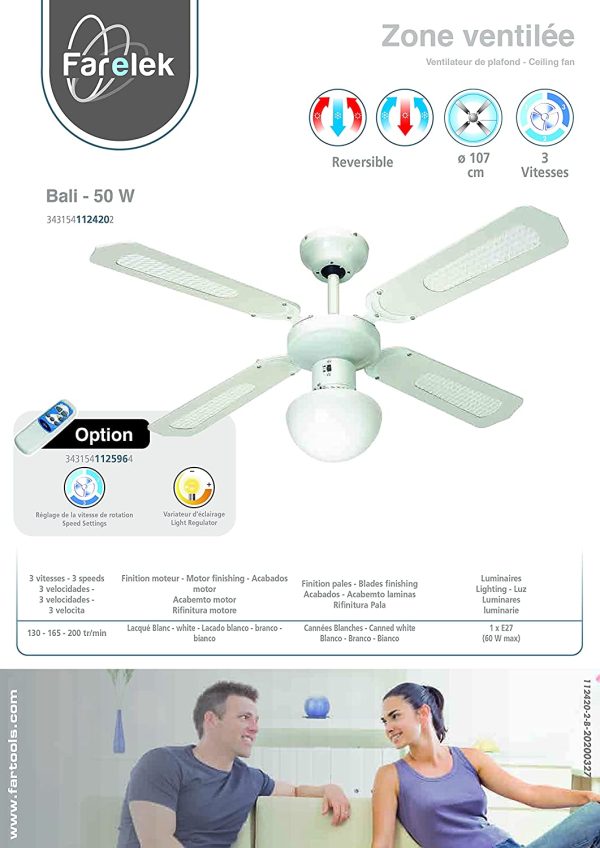 Bali 112420 Ventilatore da soffitto, 107 cm, Bianco - immagine 3