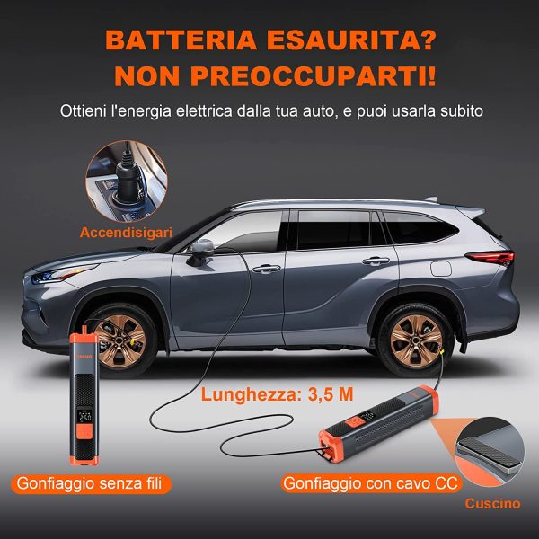 FOWAWU 6000mAh Compressore Aria Portatile Auto 150PSI,Mini Compressore Portatile Gonfiatore Auto Pompa Pneumatica con Schermo LCD Cavo DC 12V Torcia LED Power Bank per Auto Moto Biciclette Palloni - immagine 7