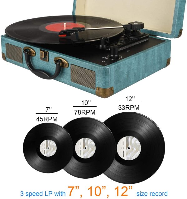 Giradischi Vinile, 3 Velocit?? (33 1/3, 45 E 78 Giri) stereo Portatile Giradischi, con Altoparlanti Incorporati, Bluetooth, 3.5mm AUX-IN E Jack per Cuffie, Linea RCA - immagine 4