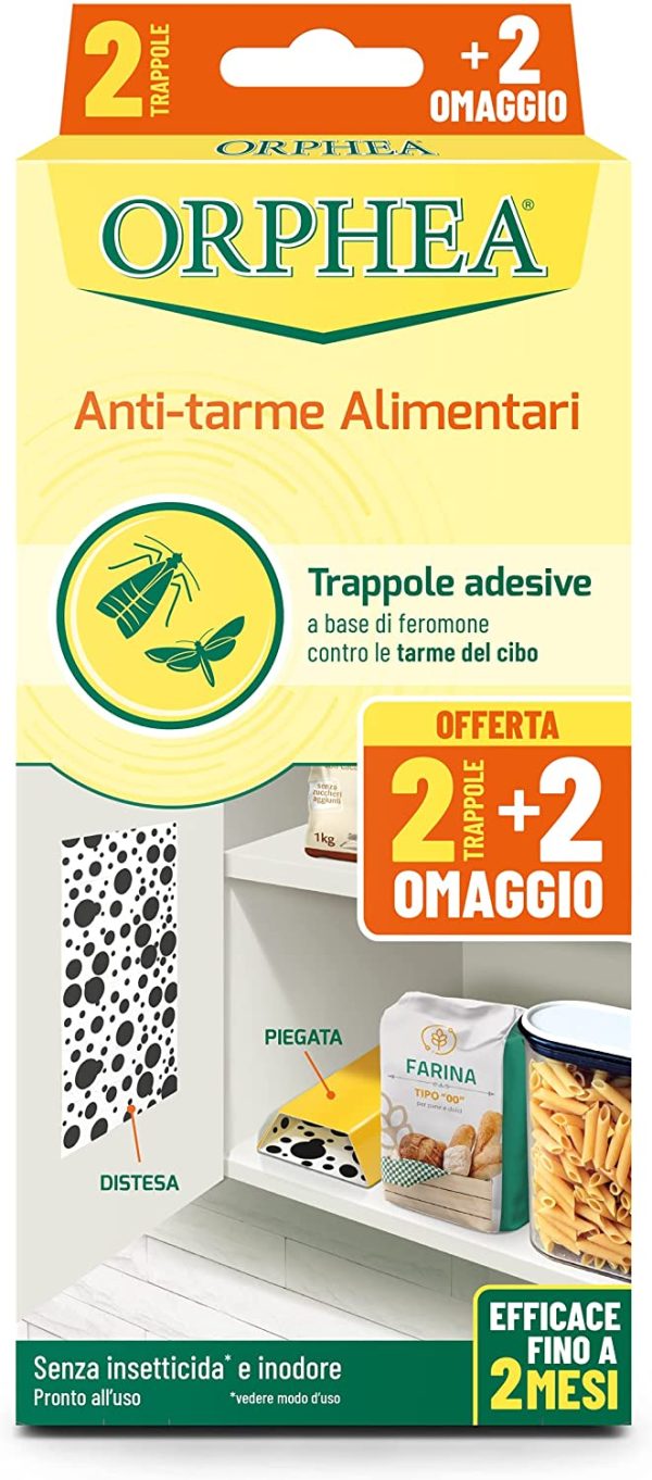 Orphea Antitarme Alimentare, Trappole Adesive Contro Le Tarme del Cibo, Farfalline, Senza Insetticida E Inodore, Confezione 4, Color Trappola Adesiva