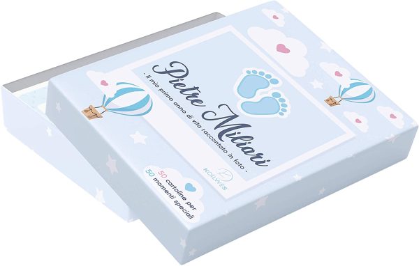 Scatola Dei Ricordi Neonato - Regalo per La Nascita - 50 Milestone Baby Cards Italiano - Pietre Miliari Bambini - immagine 4