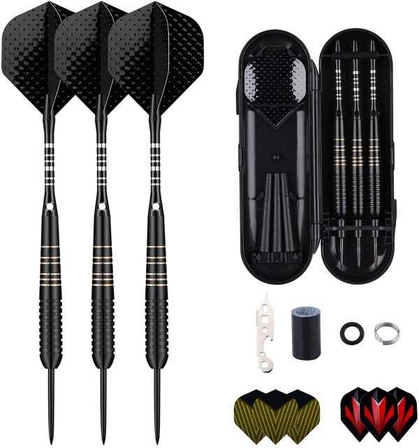 sanfeng Freccette Professionali Punta Acciaio 22/23/24/27 Grammi - 3 Metallo Steel Darts con Nero Blu Verde Aste in Alluminio 9 Voli 50 O-Ring Anti-Allentati 1 Dart Sharpener Tool 12 Spring Rings - immagine 6