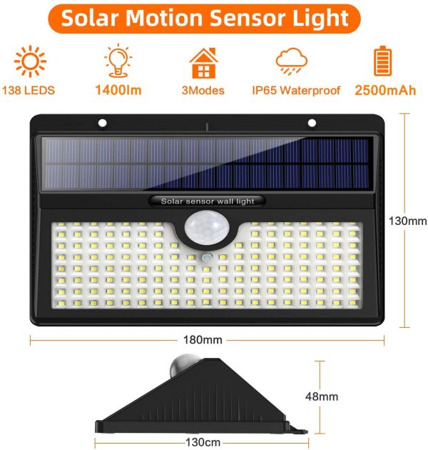 Luce Solare Led Esterno, ??2019 Super Luminosa 138LED-1400 lumen??iPosible Luci Solari Esterno Lampade Solari con Sensore di Movimento Luci Esterno Energia Solare Impermeabile IP65 per Esterno-2 Pezzi - immagine 7