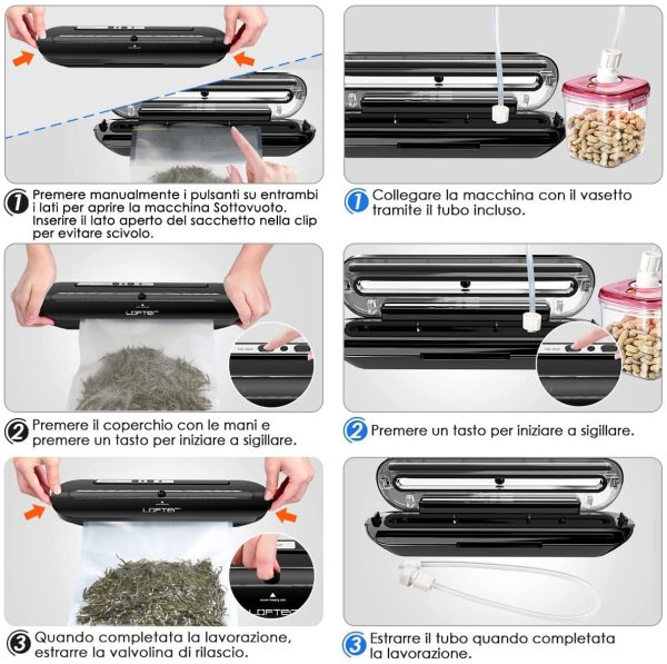 Macchina Sottovuoto per Alimenti Professionale LOFTER Sigillatrice Sottovuoto Automatica Portatile Vacuum Sealer Sigillatore a Vuoto Macchinetta Cibi Sottovuoto con 10 Sacchetti e 1 Tubo (80 watt) - immagine 2