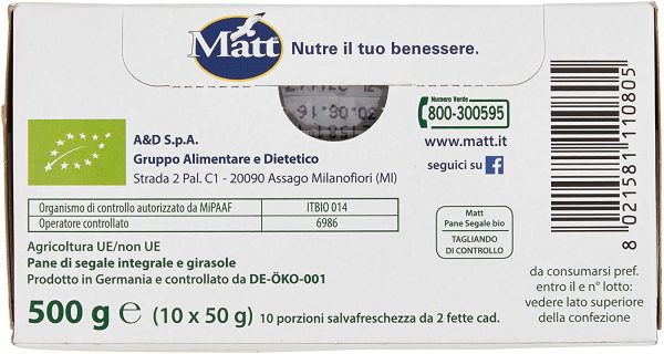 Matt, Pan Segale Bio, Pane di Segale con Semi di Segale Integrale e Semi di Girasole, Senza Lievito e Ricco di Fibre, Alimentazione Sana, Confezione con 10 Monoporzioni da 2 Fette, 500 g - immagine 3