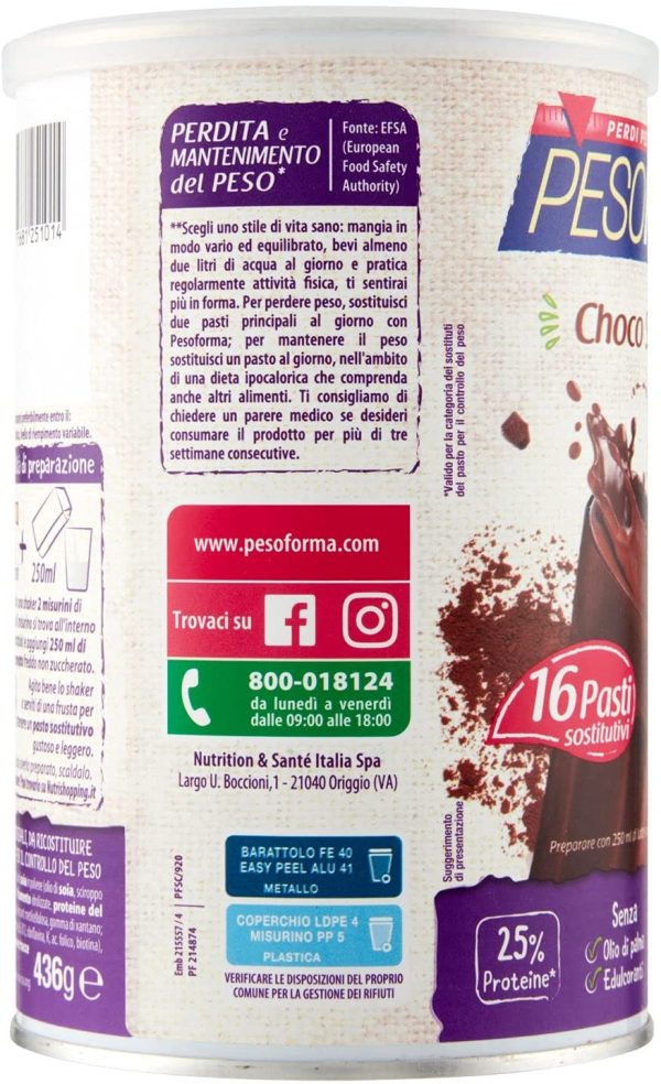 Pesoforma Choco Smoothie, Pasto Sostitutivo per la perdita e controllo del peso, 16 pasti, 202 Kcal a pasto - immagine 5