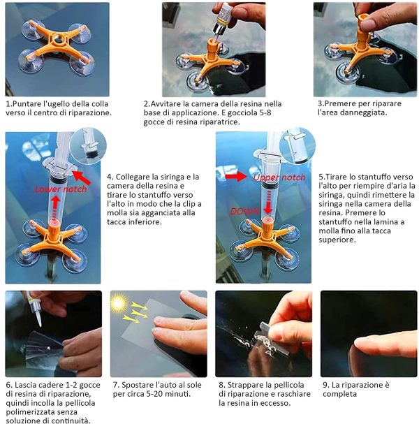 Kit Riparazione Parabrezza Auto,Kit Riparazione Vetro Auto con Riparazione Resina e Siringhe a Pressione,Kit Riparazione Parabrezza per Riparare Le Incrinature, Scheggiature, Fessure e Graffi - immagine 7