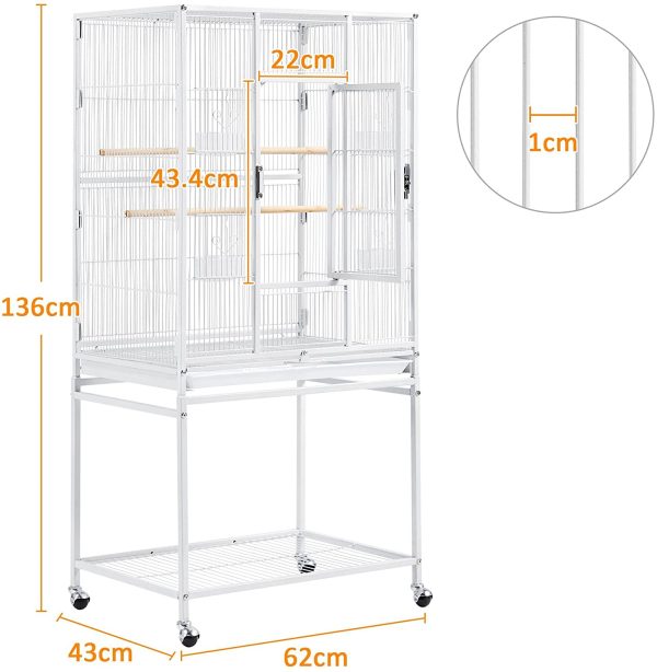 Yaheetech Gabbia per Uccelli Pappagalli Inseparabili Calopsite Grande con Piedistallo Staccabile in Metallo da Interno Esterno Bianca 62 x 43 x 136 cm - immagine 3