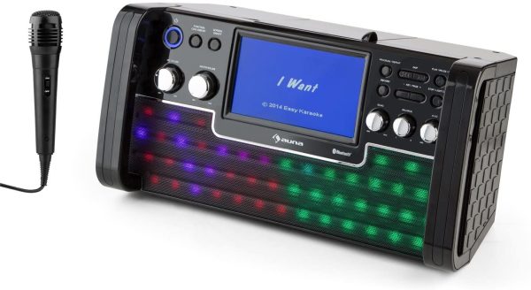 DiscoFever LED - Impianto Karaoke, per Bambini, Bluetooth, 2 Connessioni Microfono, 1 Microfono Dinamico, Effetti LED, Lettore CD+G, Porta USB, Uscita Video, Nero - immagine 5