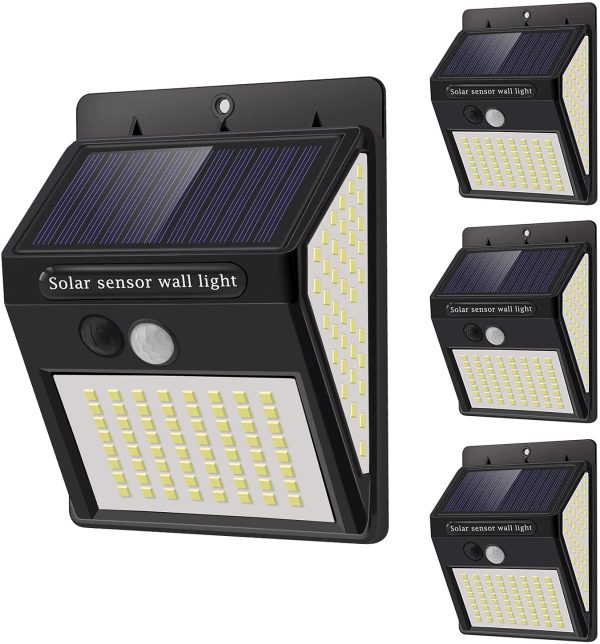 Luce Solare Led Esterno - 4 Pezzi 144 LED Faretti Solari a LED da Esterno,3 Modalit?? Luci Solari Esterno Sensore di Movimento,IP65 Impermeabile Faretto esterno solare Lampada per Giardino Faro Parete - immagine 6