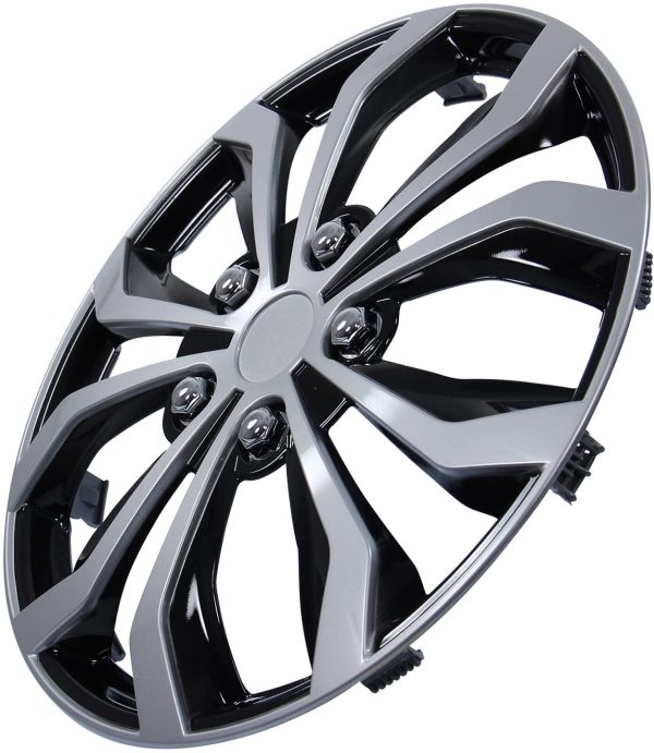 Cartrend 75568 Daytona - Coprimozzi per ruote auto, Fissaggio a 6 piedi con anello, Nero/ Argento, 15" (38.1 cm), Set di 4 - immagine 4