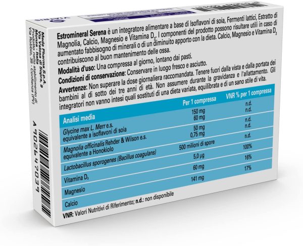 Estromineral Serena integratore alimentare menopausa con isoflavoni di soia, fermenti lattici, magnolia, calcio, magnesio e vitamina D3 senza glutine e lattosio 20 compresse