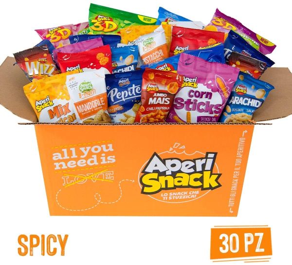 APERIBOX SPICY 30 - Snack Salati dal sapore piccante, sfiziosa box per un aperitivo fai da te con ampia variet?? di snack tra patatine, stuzzichini e frutta secca, Ottima idea regalo - immagine 3