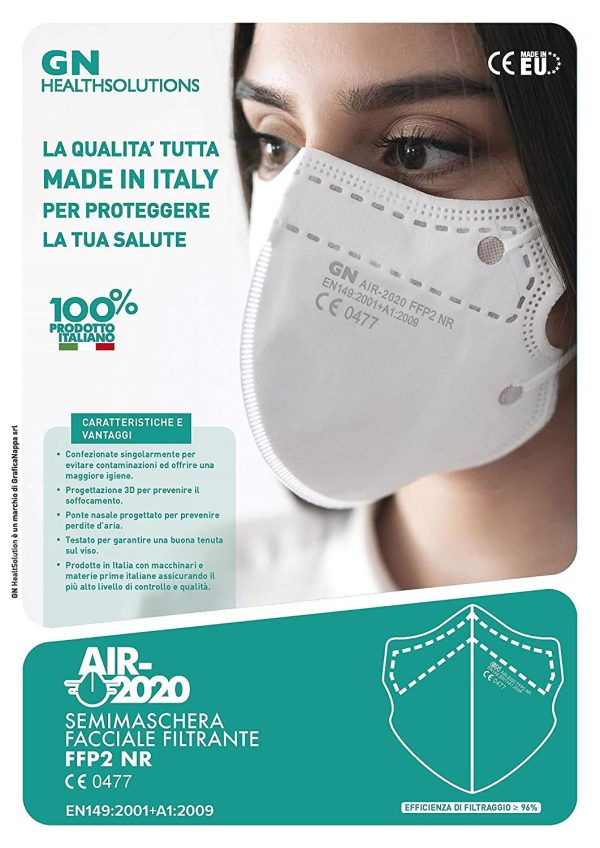 AIR-2020 - Mascherine FFP2 Certificate - Sistema Nasale Antiappannamento - Mascherina Antiappannamento Made in Italy - Confezionate singolarmente - 20 pezzi