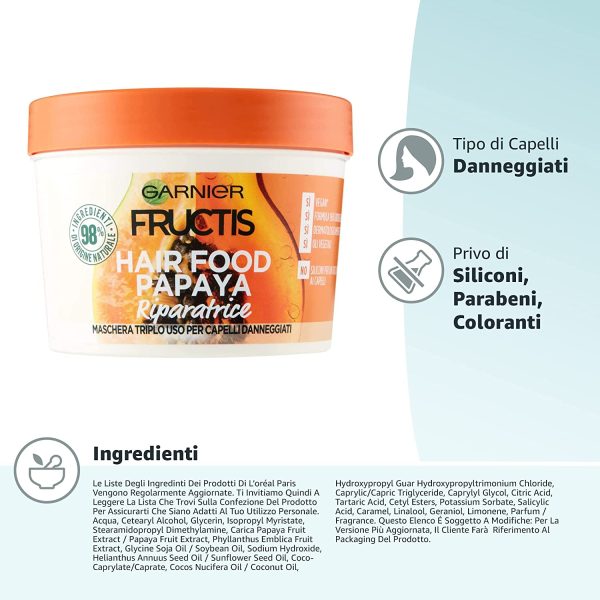 Garnier Maschera Riparatrice Fructis Hair Food, Maschera riparatrice 3in1 con formula vegana per capelli danneggiati, Papaya, 390 ml - immagine 7