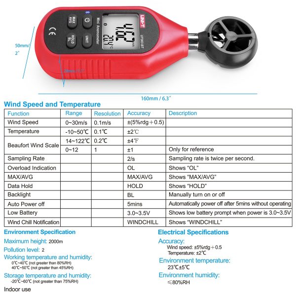 Uni-T UT363BT - Mini Anemometro Bluetooth digitale portatile con termometro e max/min per la raccolta dati meteo e sport all'aria aperta windsurf vela con display LCD retroilluminato