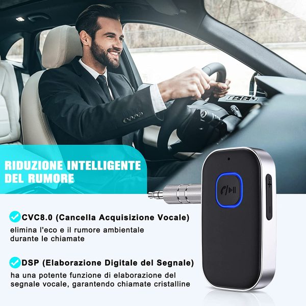 Ricevitore Bluetooth 5.0, Cancellazione del Rumore Adattatore Aux Bluetooth, Bluetooth Auto Aux per Stereo Casa, Cuffie Cablate, Chiamate in Vivavoce (16 Ore di Riproduzione/Dual Link) - immagine 3