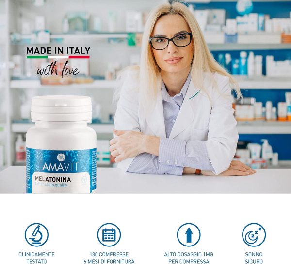 AMAVIT Melatonina per Dormire 1mg 180 Compresse [Fornitura per 6 mesi] MADE IN ITALY Integratore contro l'Insonnia con Melatonina Adenosina Glicina | Pastiglie per Dormire senza Glutine e Lattosio - immagine 3