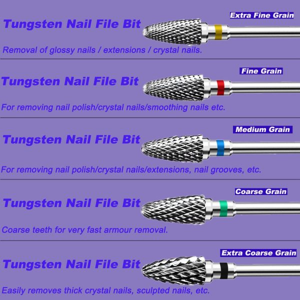 Fantexy, Set di punte da fresa per unghie in acrilico, 2,35 mm, in tungsteno, per nail art, strumenti per manicure e pedicure, per uso domestico (5 pezzi) - immagine 5