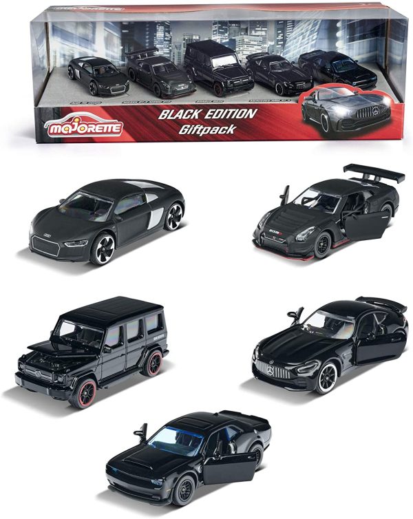 Majorette - Black Edition Giftpack, 212053174, + 3 Anni, 5 Veicoli Inclusi: Audi R8, Brabus B63, Nissan Gt3 Nismo Gtr, Dodge Demon, Mercedes-Amg Gtr, con Parti Apribili, Nero, Scala 1:64 - immagine 2