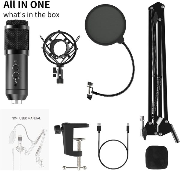 Microfono a Condensatore, Microfono Cardioid per Podcasting, Voice Over, Streaming, YouTube, per Computer Desktop Laptop MAC o Windows per Android iOS, USB Microfono di Registrazione a Condensatore