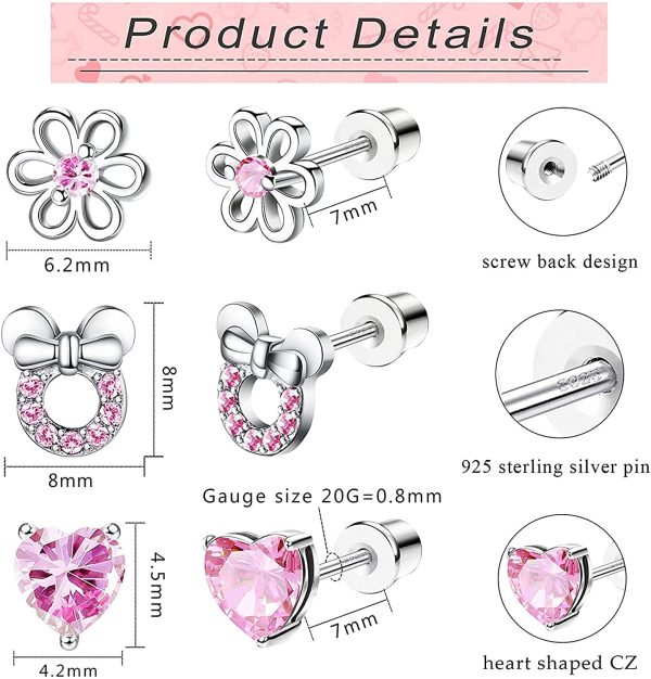 CASSIECA 3 Paia Kids Orecchini in Argento Sterling per Bambini Ragazze Orecchini Pinker CZ Orecchini Cuore Orecchino Zircone Orecchini Margherita Orecchini Ipoallergenico Orecchini Set - immagine 3