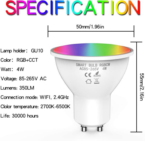 Lampadina Smart Alexa LED WiFi GU10, Wifi Intelligente 4W luce bianca calda, 2700-6500K+RGB Multicolore Dimmerabile, Compatibile con Alexa Google Home[Classe di efficienza energetica A+] - immagine 2