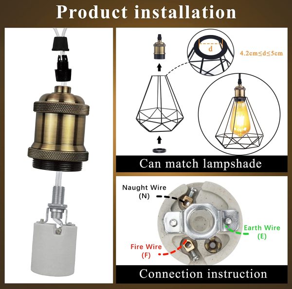 E27 Vintage Portalampada, Edison retro lampada a sospensione, Adattatore in ceramica solida, 4 Pezzi di champagne oro socket - immagine 7