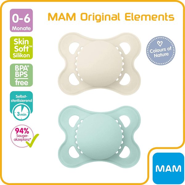 Istruzioni in lingua straniera - MAM Elements - Set di 2 ciucci simmetrici e ortodontici in silicone SkinSoft, forma adatta per l'allattamento, con scatola per ciuccio, 0-6 mesi, colore: beige/menta - immagine 4