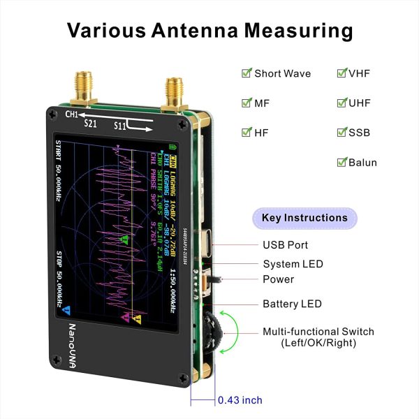 APKLVSR Mini Analizzatore di Rete Vettoriale NanoVNA, 50KHz-900MHz Display LCD Digitale da 2,8 Pollici Schermo Tattile HF VHF Analizzatore Antenna UHF Strumento Misurazione Dell'onda Stazionaria - immagine 2