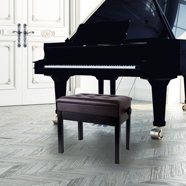 PU-Sgabello per pianoforte regolabile in pelle con imbottitura impermeabile e spazio aggiuntivo per musica, marrone e nero (55 x 33 x 48 cm) - immagine 3