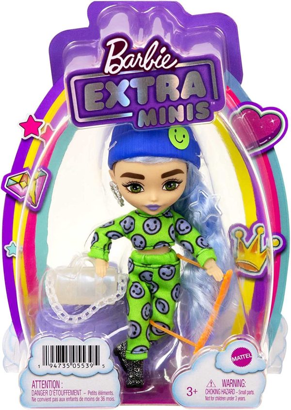 Barbie - Extra Minis Mini Bambola Articolata con Look Felpa e Pantaloni con Emoji e Morbidi Capelli Blu Ghiaccio, Giocattolo per Bambini 3+ Anni, HGP65 - immagine 5