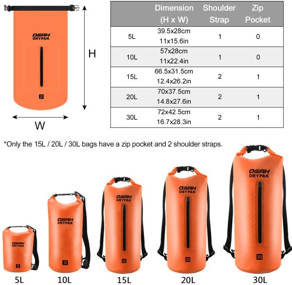 Borse Impermeabile Sacca Dry Bag 5L 10L 15L 20L 30L con Tracolla Regolabile per Spiaggia Sport d'Acqua Trekking Kayak Canoa Pesca Rafting Nuoto Campeggio (Arancione, 5L) - immagine 3