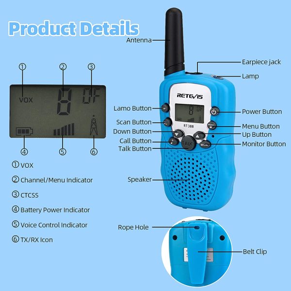 Retevis RT388 Walkie Talkie Bambini a Lungo Raggio, Torcia 8CH VOX per Ragazzi, Giocattoli per Bambini di 3-12 Anni, Regali di Compleanno per Attivit?? Indoor Outdoor (1 Coppia, Cielo Blu) - immagine 3