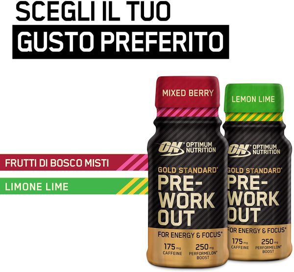 Optimum Nutrition ON Gold Standard Pre-Workout Shot, Alimentazione Sportiva con Beta Alanina, Caffeina, Vitamina B6 e B12, Mix di Frutti di Bosco, 12 x 60 ml - immagine 3