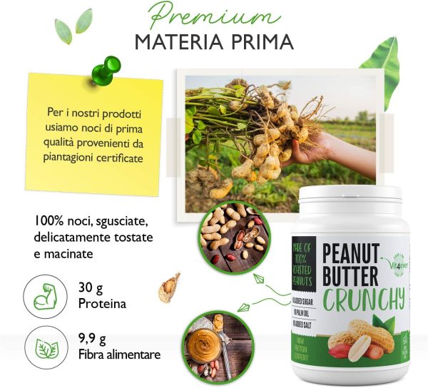 Peanut Butter Crunchy - 1kg di burro di arachidi naturale senza additivi - 30% di proteine - burro di arachidi senza aggiunta di sale, olio o grasso di palma - vegan - immagine 4