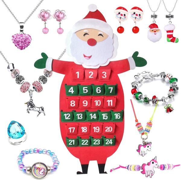 Calendario Dell'Avvento in Feltro per Bambine, con 24 Gioielli, Kit Fai da Te per Braccialetti, Collane, Orecchini, Anelli, Regalo di Natale per Ragazza - immagine 2