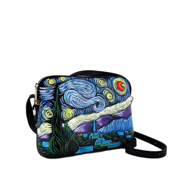 Borsa in pelle dipinta a mano - LA NOTTE STELLATA DI VAN GOGH - Borse Donna, Borse a Spalla, Vera Pelle, Made in Italy, in Pelle Dipinta, Shopper e Borse a Tracolla, Lavorazione Artigianale - immagine 2