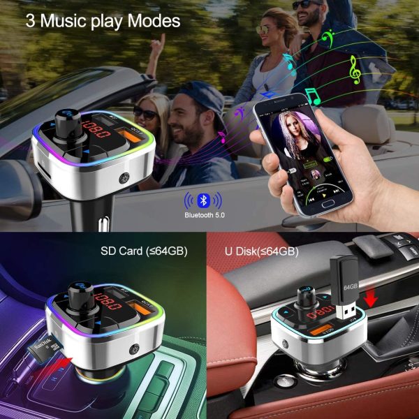 Bluetooth 5.0 Car FM Trasmettitore,Adattatore Audio Radio Auto Wireless Kit Auto Mani libere con QC3.0 & 5V/2.4A USB Car Charger,Retroilluminato Colorata,Supporto Lettore Musicale MP3 TF Card/U Disk - immagine 4