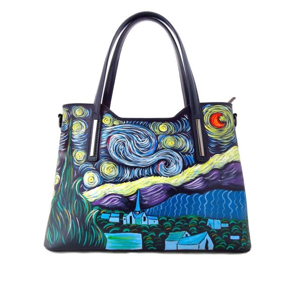 Borsa dipinta a mano ?C LA NOTTE STELLATA DI VAN GOGH - Borse Donna, Tracolla regolabile, Vera Pelle, Made in Italy, in Pelle Dipinta, Borsa a Tracolla a spalla, Lavorazione Artigianale - immagine 3