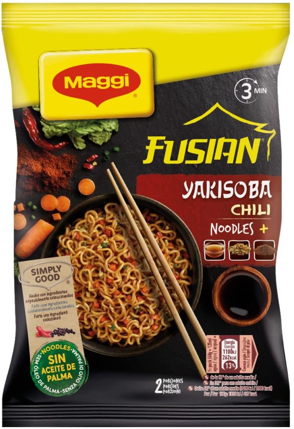 MAGGI Fusian Yakisoba Chili Noodles Istantanei con Verdure e Salsa con Soia, 8 Confezioni da 2 Porzioni - immagine 3