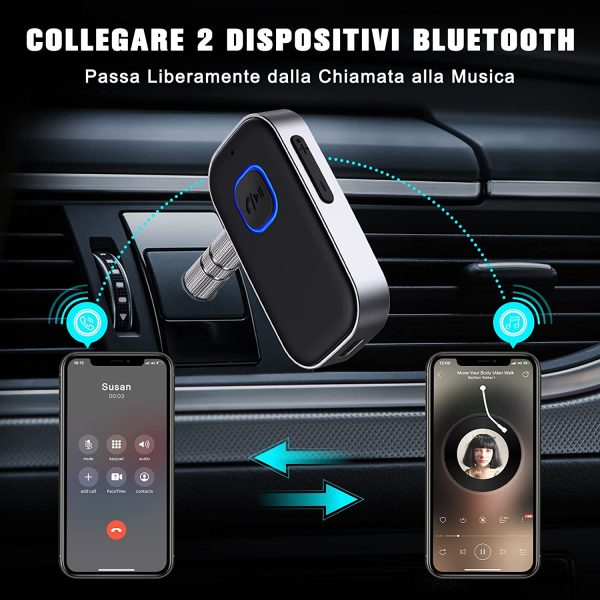 Ricevitore Bluetooth 5.0, Cancellazione del Rumore Adattatore Aux Bluetooth, Bluetooth Auto Aux per Stereo Casa, Cuffie Cablate, Chiamate in Vivavoce (16 Ore di Riproduzione/Dual Link) - immagine 4