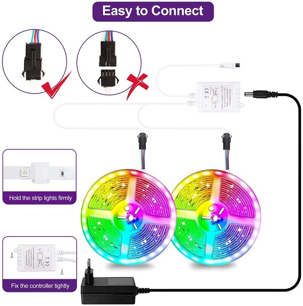 Striscia LED 10M, LED Striscia 5050 RGB Impermeabile IP65 Nastri LED, Bluetooth Musica Sync 20 Colori 21 Modalit?? 12V Luci LED Colorati con Controllo App e Telecomando per Camera, Bar, Festa, Cucina - immagine 2