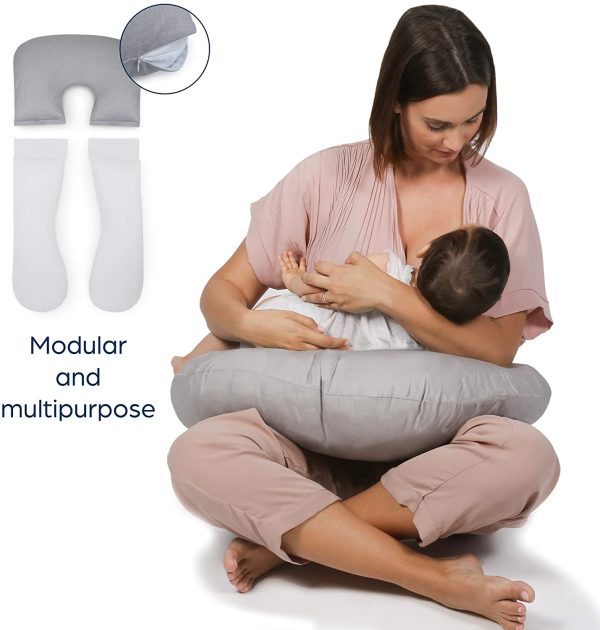 Cuscino Gravidanza e Allattamento Forma di U Modulabile per Dormire di Lato e Allattare in comodit?? Federa Esterna Rimovibile 100% Cotone Multifunzionale Mamma e Neonato (Grigio)