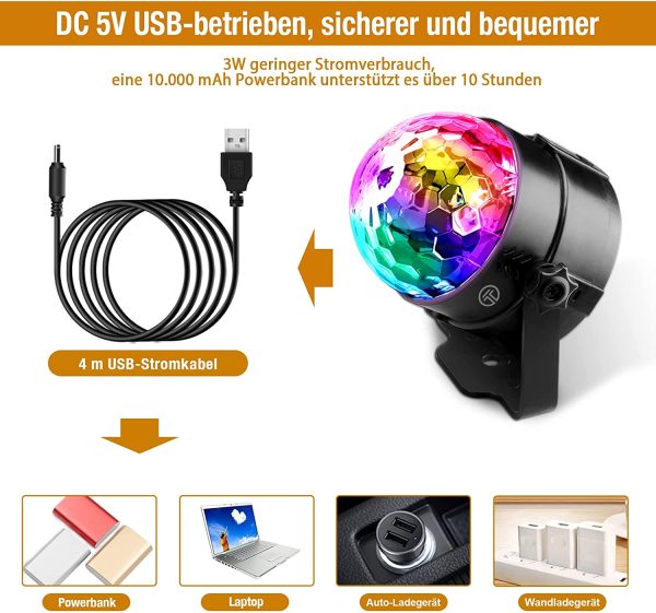 Luci Discoteca, 7 RGB Colori Musica Attivata Luce Discoteca Palla con 4 M Cavo USB, Telecomando, Rotazione a 360?? Lampada da Discoteca per Natale, Feste, Bar, Club, Car, Regalo per Bambini - immagine 6